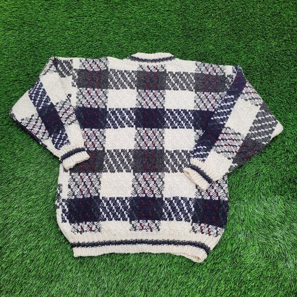 Vintage 80s Otavalo Check Sweater Large 22x27 Beige Gray - Picture 2 of 11